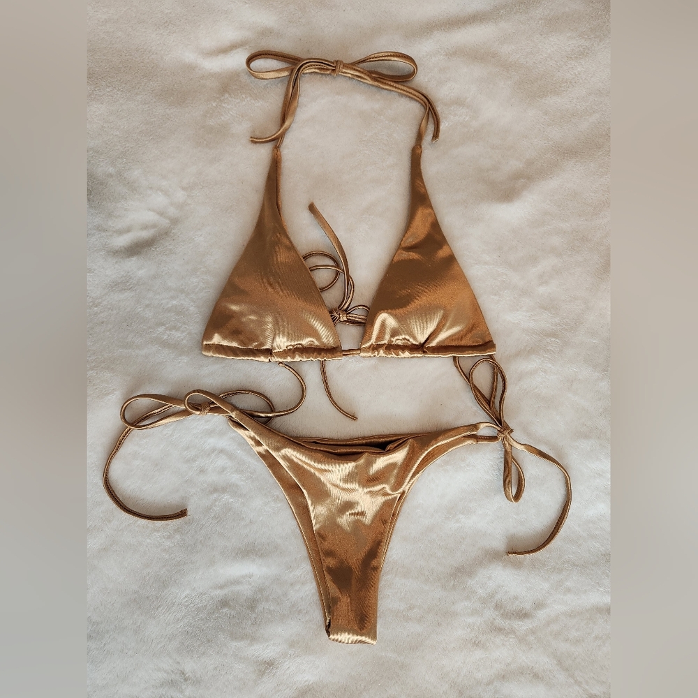 Metallic Gold Cheeky Bikini Set with Triangle Top